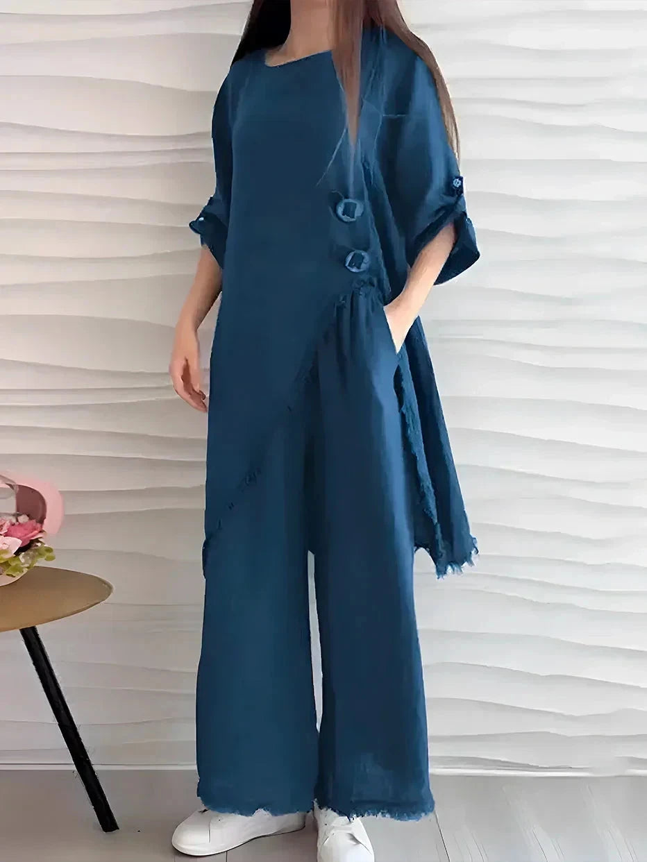 Conjunto Feminino de Gola Redonda Longo de Algodão e Linho (CONFORT V3) - Miranini Conjunto Feminino MRL-036 Miralleve