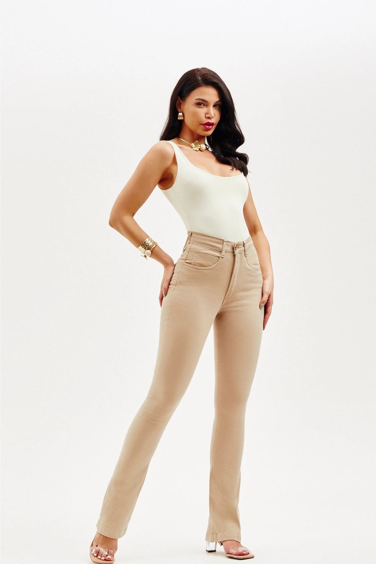 Calça Jeans Modeladora Boot Cut Nude Cós Médio Calça Jeans MRL-125 Miralleve 
