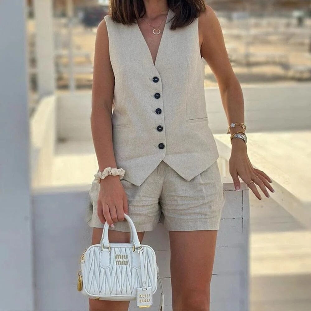 Conjunto Feminino em Alfaiataria - Colete e Shorts no Linho (Promoção Compre 1 Leve 2) Conjunto Feminino MRL-086 Miralleve 