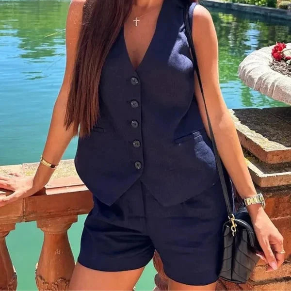 Conjunto Feminino em Alfaiataria - Colete e Shorts no Linho (Promoção Compre 1 Leve 2) Conjunto Feminino MRL-086 Miralleve 